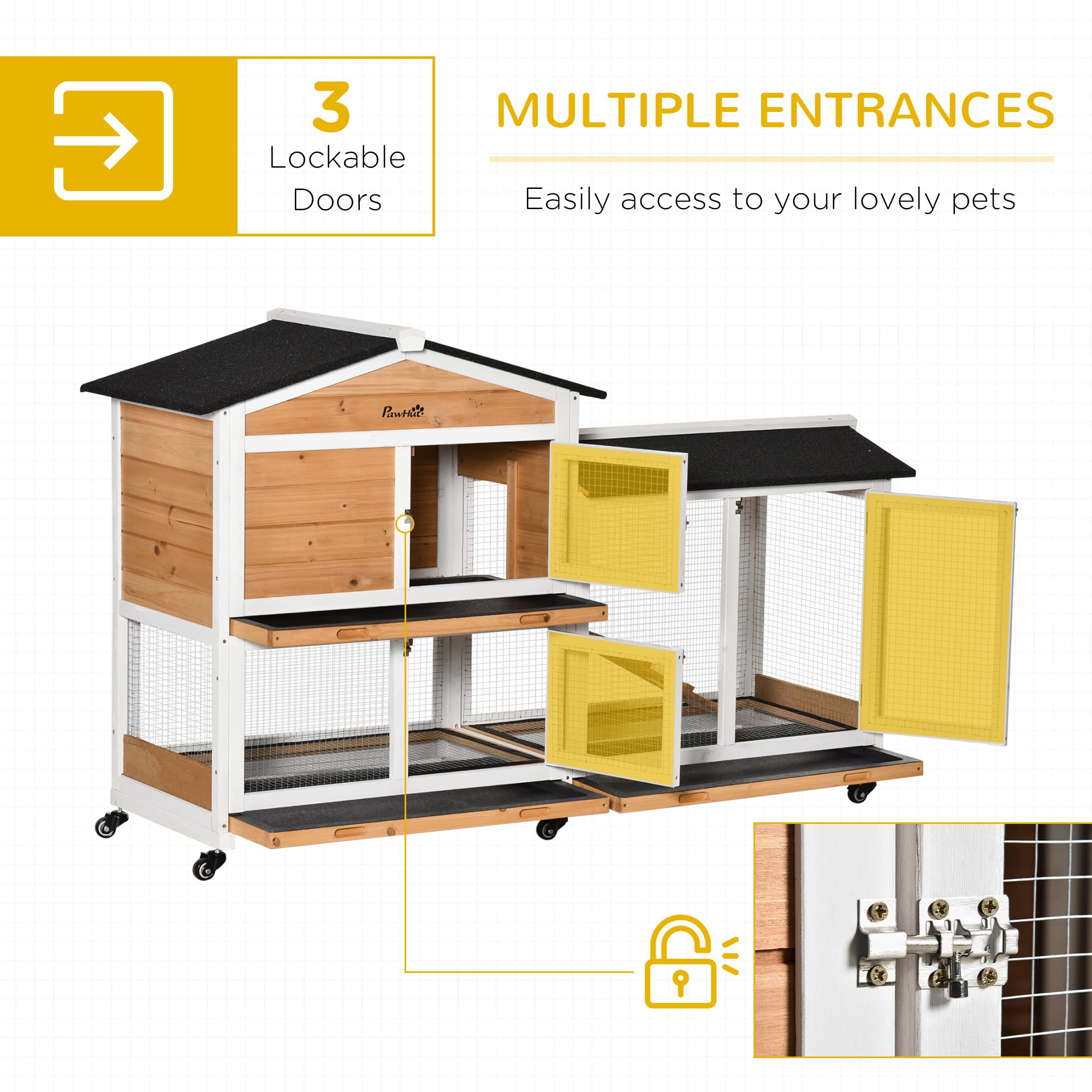 Pawhut 62'' Rabbit Hutch, Wooden Bunny Hutch, Guinea Pig Cage, Small Animal Enclosure With Wheels, Run Area, Removable Tray, Asp
